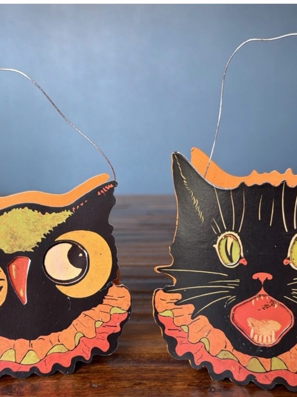 Vintage Style Black Cat & Owl Halloween Cat Toy Decorations - Black and Orange